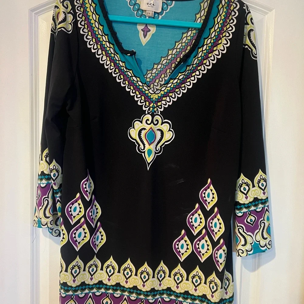 ECI Black Tunic with Purple and Teal Accents - Picture 1 of 4